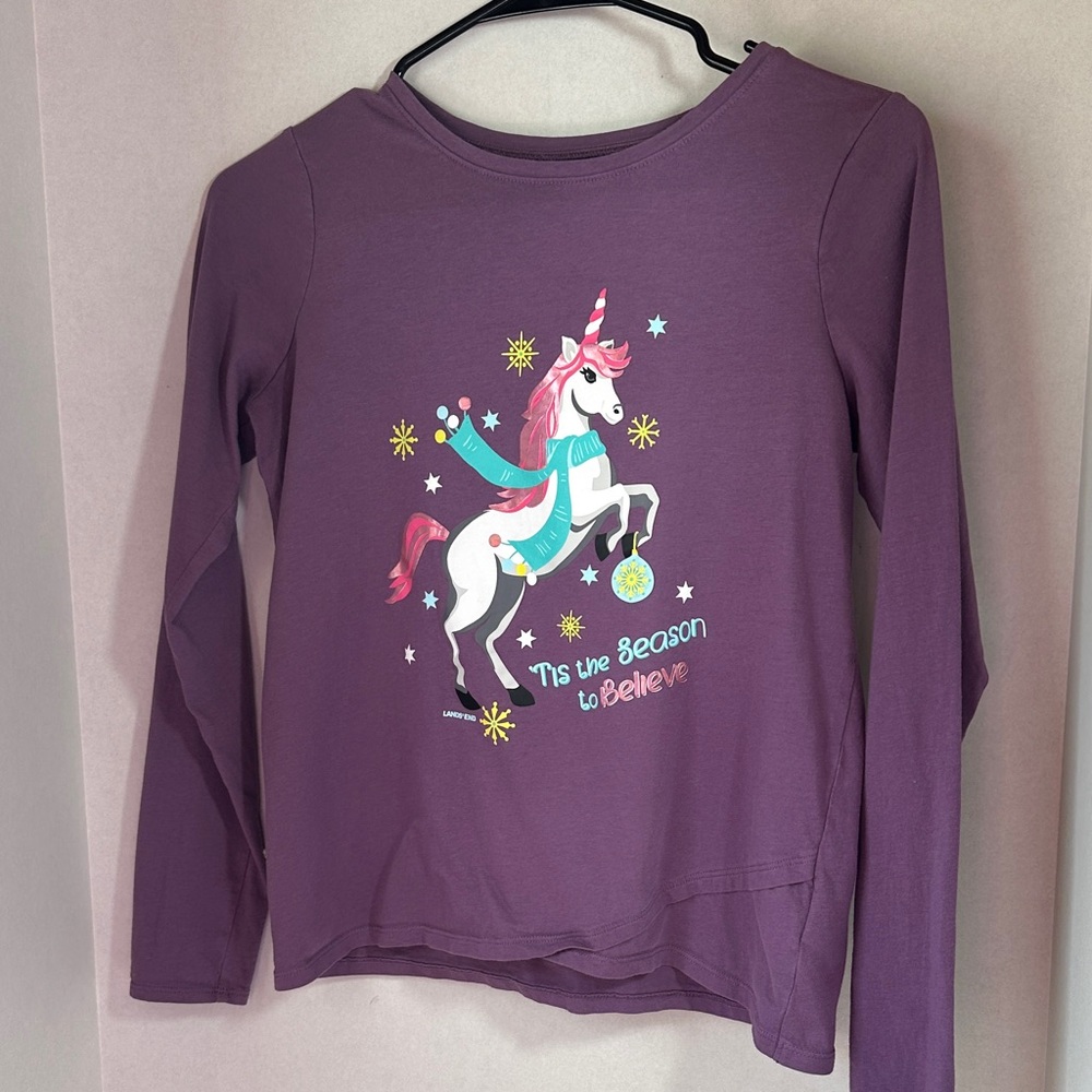 Lands end purple long sleeve holiday unicorn shirt size extra large 14/16